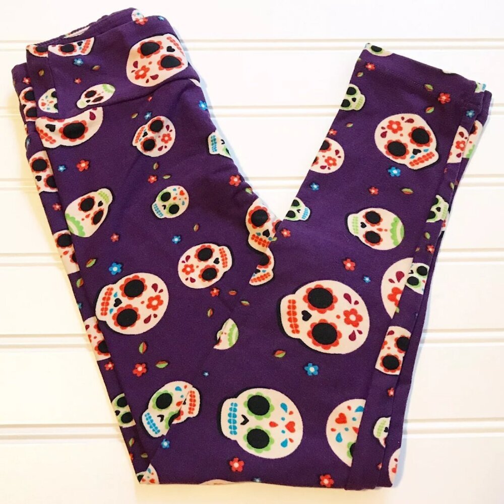 🎃 💀 NWT Lularoe Girls Leggings Size S/M 2T-6 Purple Sugar Skulls Halloween NEW